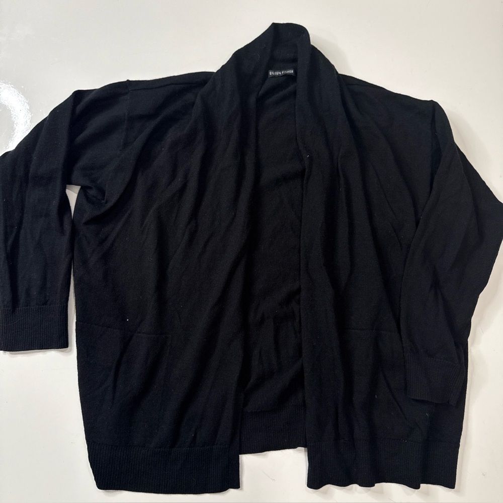 Eileen Fisher Extra Fine Merino Straight Long Cardigan Black size M/L A051125